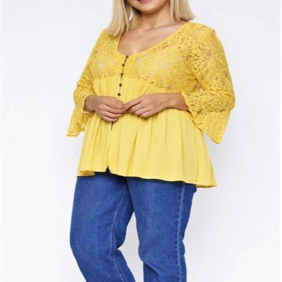 Plus Size Button Front Lace Top - Picture 3 of 4